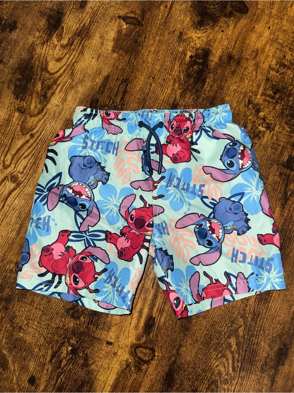 Disney Kids Light Blue & Red Stitch Swim Trunks